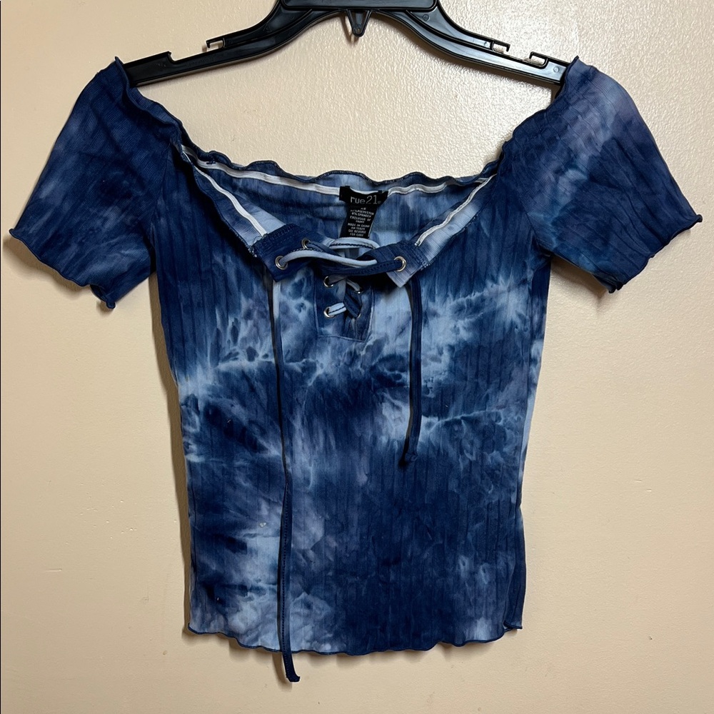 Rue21 Navy and White Tie-Dye Lace-Up Ribbed off the shoulder shirt